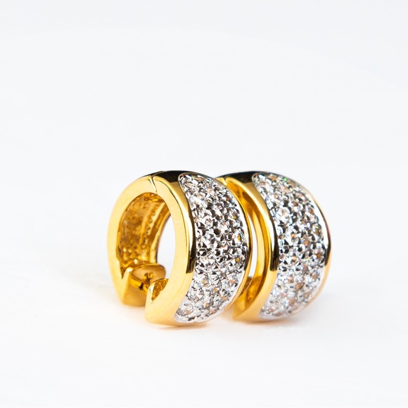 Quiet luxury huggie hoop gold tone earrings pave CZ minimalist by Brilliante - Picture 2 of 16